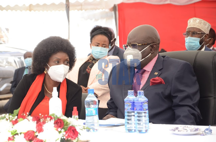 Education CS George Magoha with TSC CEO Nancy Macharia during the release of KCPE 2020 results at Knec HQ on Dennis Pritt Road, Nairobi, on April 15.