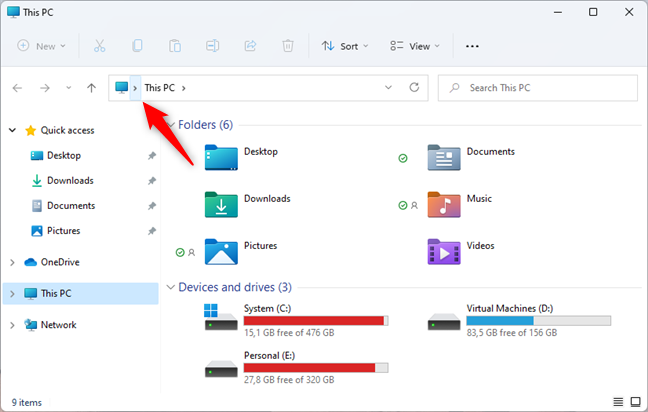 Nút dấu mũ đầu tiên từ thanh địa chỉ của File Explorer