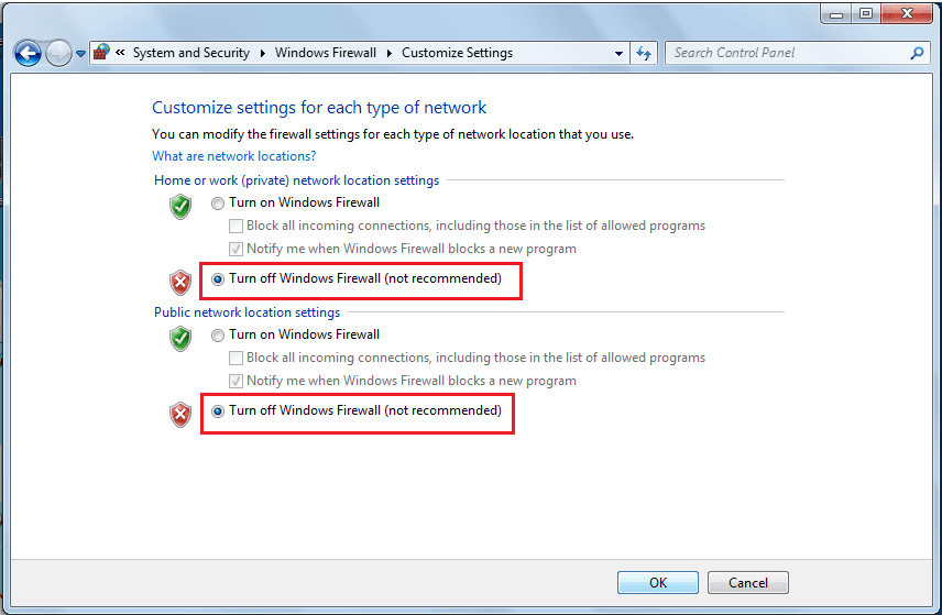 Haga clic en los botones de opción junto a Desactivar Firewall de Windows Defender |  Arreglar las actualizaciones de Windows 7 que no se descargan