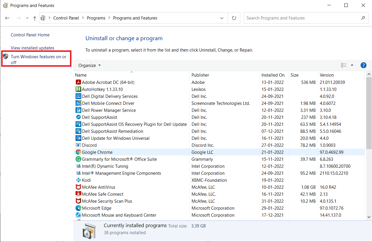 Klikněte na Zapnout nebo vypnout funkce systému Windows.