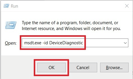 Appuyez sur la touche Windows et R. Tapez la commande msdt.exe id DeviceDiagnostic pour ouvrir l'outil de dépannage du matériel et des périphériques et appuyez sur la touche Entrée.  Correction du zoom audio ne fonctionnant pas sous Windows 10