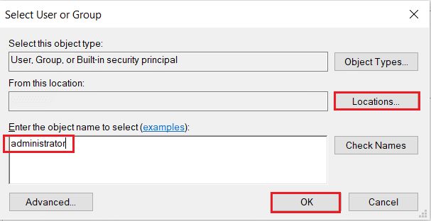 พิมพ์ administrator แล้วคลิก OK หรือเลือกปุ่ม Check Names ในหน้าต่าง Select user or group