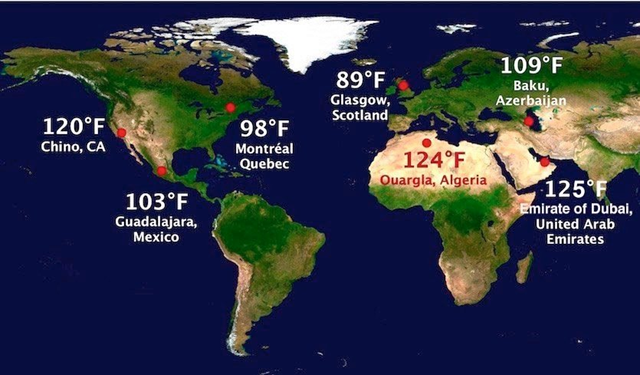 A sampling of all-time high temperatures reported around the world in 2018 thus far, rounded to the nearest degree Fahrenheit. Most of these were set in late June and early July (see details below). The reading of 51.3°C (124.3°F) at Ouargla, Algeria, is the highest reliably measured temperature on record for Africa. Background image credit: NASA Earth Observatory. Graphic: Weather Underground