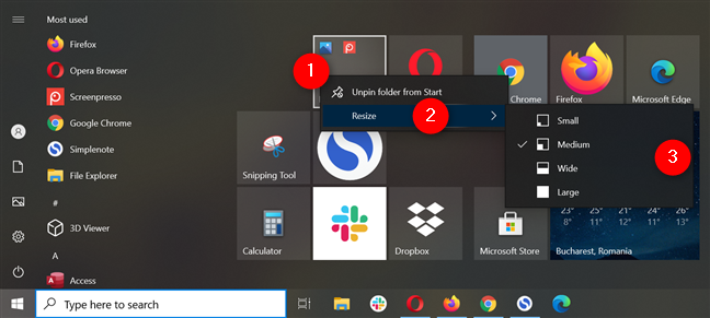 Ridimensiona una cartella live in Windows 10