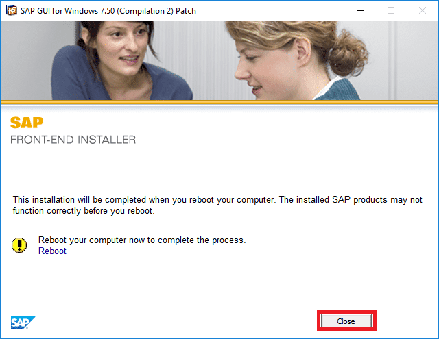 После завершения установки исправления SAP GUI нажмите «Закрыть».