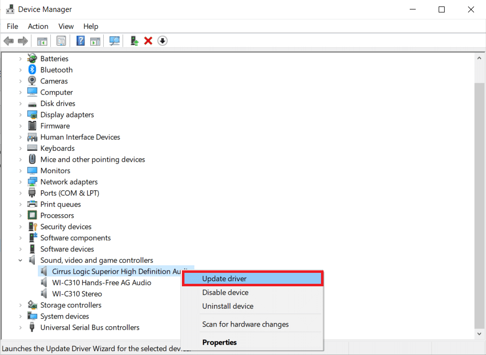 Haga clic derecho en el dispositivo de audio y haga clic en Actualizar controlador.  Cómo arreglar que no haya dispositivos de audio instalados