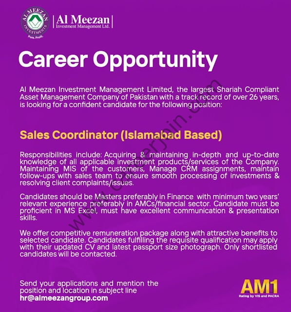Al Meezan Investment Management Limited Jobs Sales Coordinator: