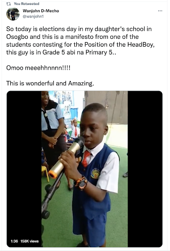 Primary school student gives moving campaign speech as he asks fellow students to vote him as the Head Boy