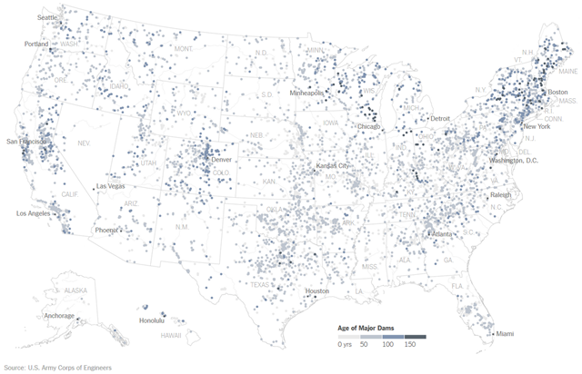 Age of major dams in the United States. Data source: U.S. Army Corps of Engineers. Graphic: The New York Times