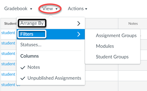 In the gradebook view, select View from the top left menu, then Arrange By or Filters for options to view the gradebook selectively.