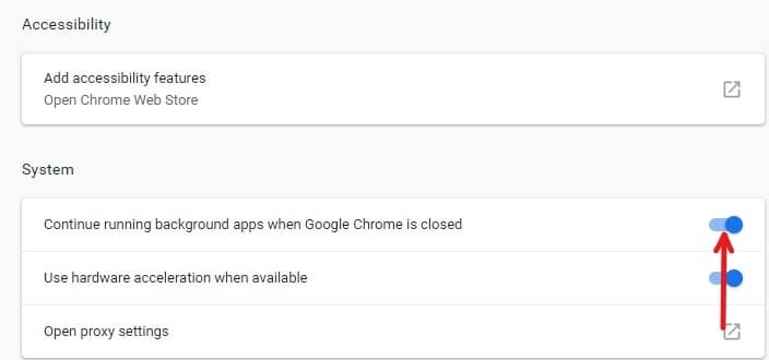 Отключить продолжение работы фоновых приложений, когда Google Chrome