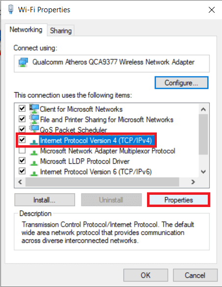 Selecteer Internet Protocol versie 4 (TCPIPv4) en klik op Eigenschappen |  Fix Kan niet veilig verbinding maken met deze pagina Fout