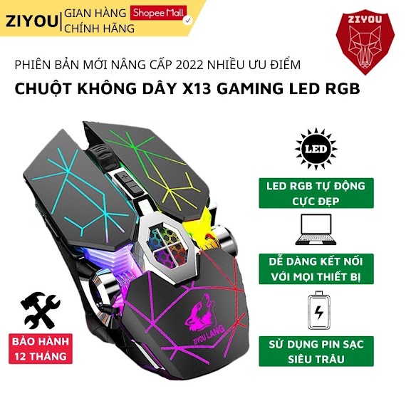 Chuột Gaming Không Dây Ziyou X13 Có Led Rgb Cực Đẹp, Dùng Pin Sạc Cực Trâu, Gõ Cực Êm Không Gây Ồn Cho Máy Tính, Pc