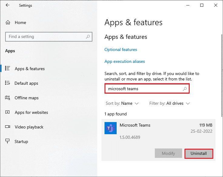 Bây giờ, hãy tìm kiếm và nhấp vào Microsoft Teams và chọn tùy chọn Gỡ cài đặt.  Sửa máy ảnh không hoạt động trên nhóm