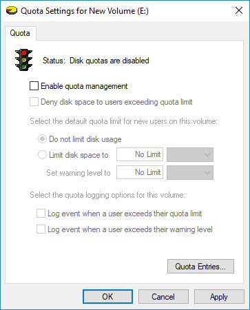 Чтобы отключить дисковую квоту, снимите флажок Включить управление дисковой квотой.