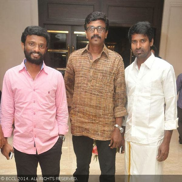 Pandiraj, Balu and Soori pose for a photo on their arrival for the wedding reception party of T Rajendar's daughter Elakkiya with Abhilash, held at The Leela Palace in Chennai.