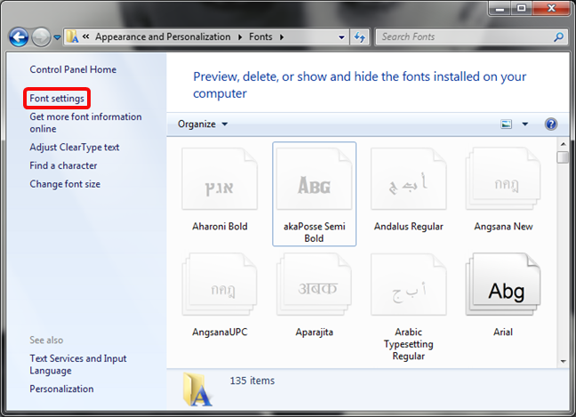 Abra la configuración de fuentes en el Panel de control