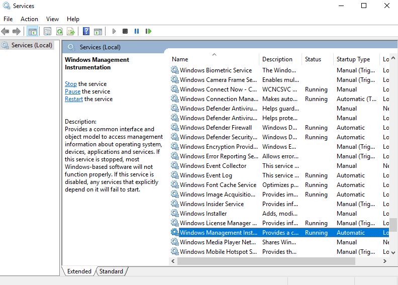 Vraťte se na stránku Service a vyhledejte službu Windows Management Instrumentation