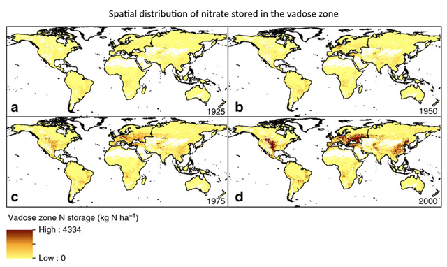 Spatial distribution of nitrate stored in the vadose zone. Global vadose zone N storage (in kg N ha−1) is shown for 1925 (a), 1950 (b), 1975 (c) and 2000 (d). Graphic: Ascott, et al., 2017 / Nature Communications