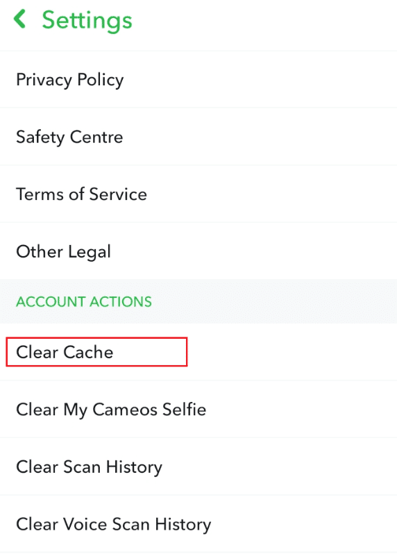 Nhấn vào Xóa bộ nhớ cache trên cài đặt Snapchat