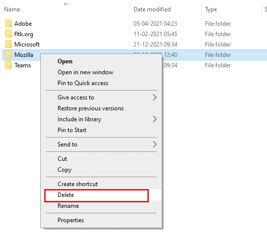 Bây giờ, nhấp chuột phải vào thư mục Mozilla và xóa nó.