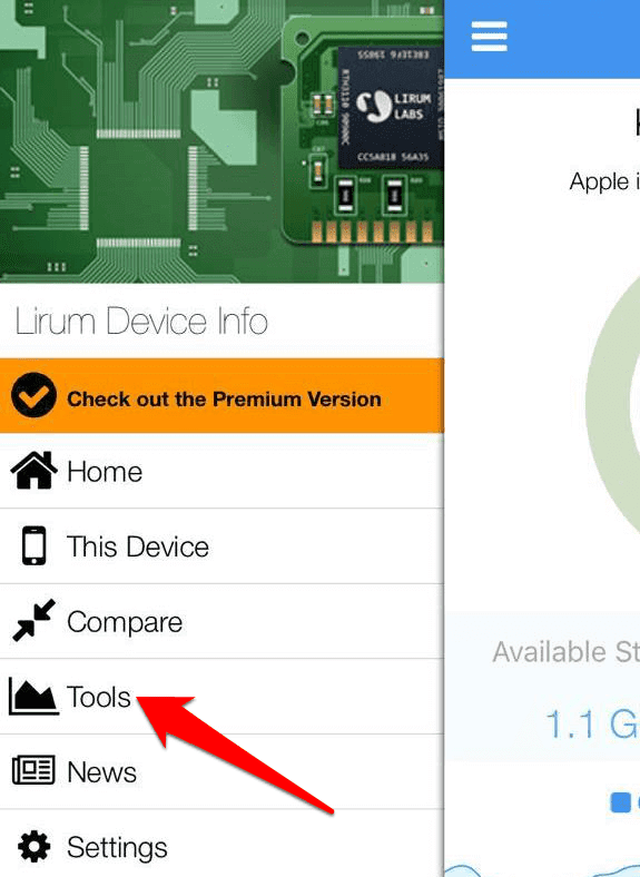 Tools meu in Lirum Device Info-venster