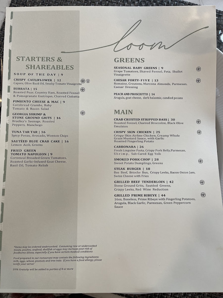 Loom gluten-free menu