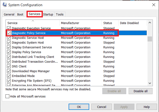 เปิดแท็บ System Configuration Services ยกเลิกการเลือก ยกเลิกการเลือกบริการนโยบายการวินิจฉัย