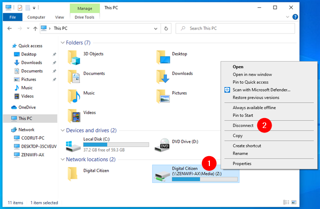 Disconnect a mapped network drive from Windows 10