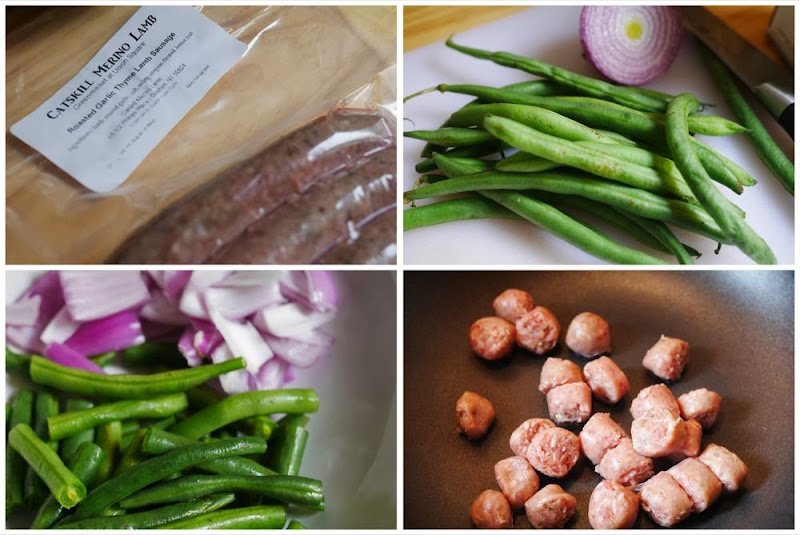 Boiled green beans and red onion with lamb sausage