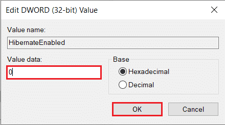 Para deshabilitar la hibernación, escriba 0 en el cuadro de texto debajo de Información del valor |  Habilitar o deshabilitar la hibernación en Windows 10