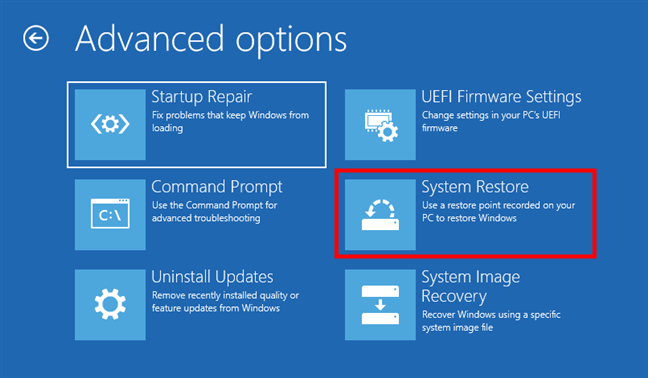 Accesso a Ripristino configurazione di sistema dall'unità di ripristino di Windows 10