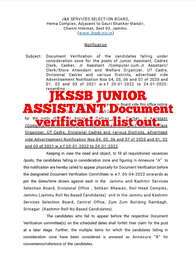 JKSSB Junior Assistant Document Verification list out Check Here