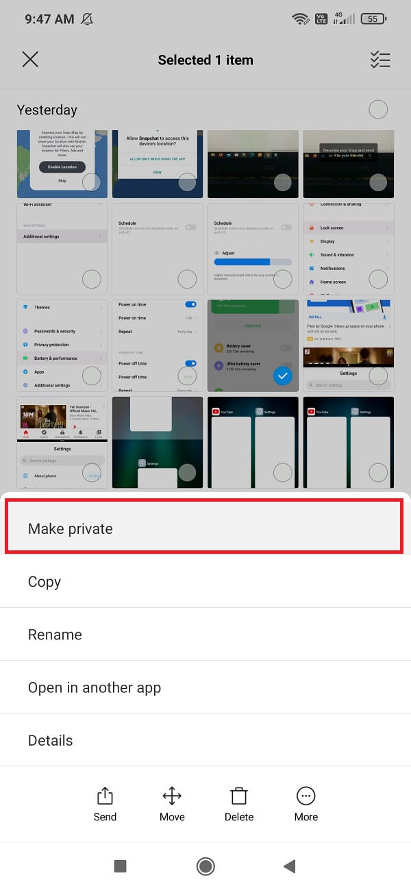 En la opción Más, encontrarás el botón Hacer Privado u Ocultar |  Ocultar archivos, fotos y videos en Android