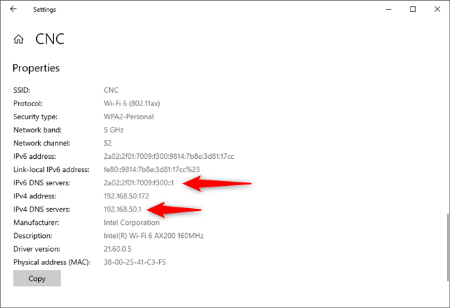 เซิร์ฟเวอร์ DNS ที่ใช้โดยการเชื่อมต่อเครือข่าย