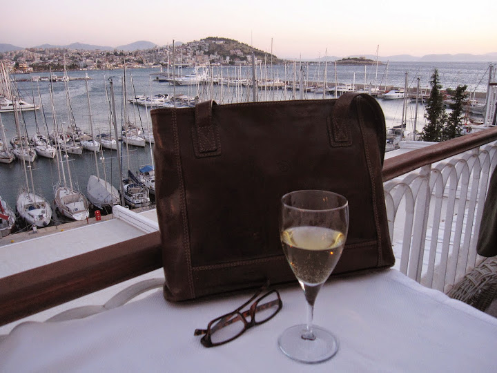 My Maxwell Scott bag enjoying the view from a balcony in Kusadasi, Turkey