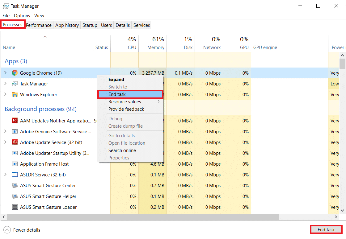 프로세스를 마우스 오른쪽 버튼으로 클릭하고 작업 끝내기를 선택하십시오.