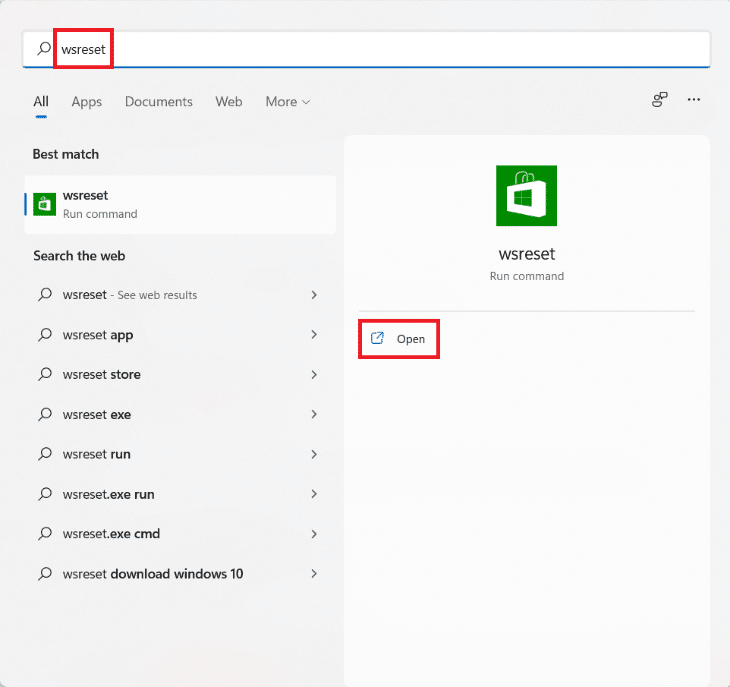 Výsledky vyhledávání v nabídce Start pro wsreset.  Jak opravit neotevírání obchodu Microsoft Store v systému Windows 11