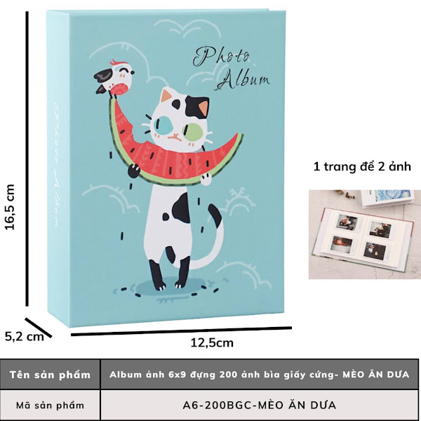 Album ảnh 6x9 đựng 200 ảnh, mẫu Mèo ăn dưa tấm bìa cứng siêu đẹp tại In Ảnh Theo Yêu Cầu