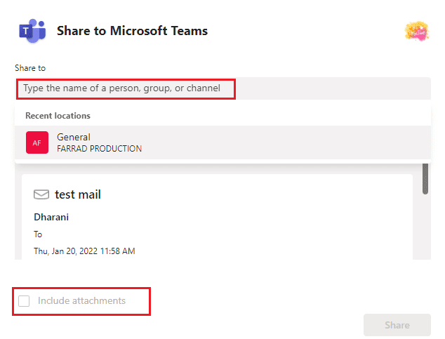 여기에 메일을 공유하려는 사람, 그룹 또는 채널의 이름을 입력합니다.  최고의 10 Microsoft Teams 회의 기능