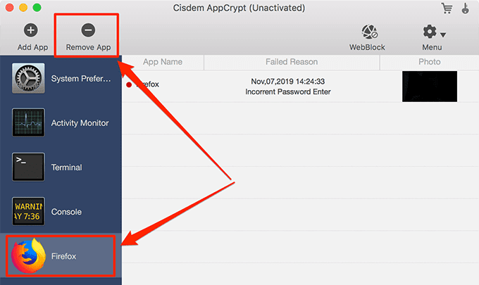Nút Xóa ứng dụng và ứng dụng Firefox được đánh dấu trong cửa sổ AppCrypt