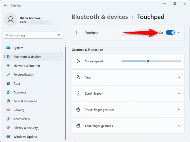 Turn On the switch to change the touchpad settings in Windows 11