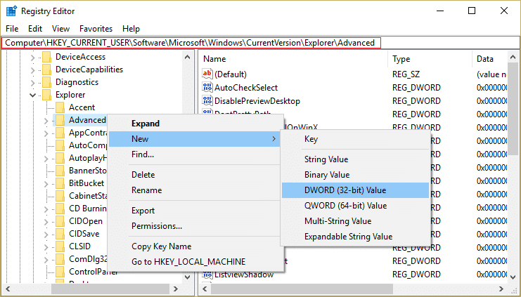 ไปที่ explorer และคลิกขวาที่ Advanced registry key จากนั้นเลือก New จากนั้นเลือก DWORD 32 bit value