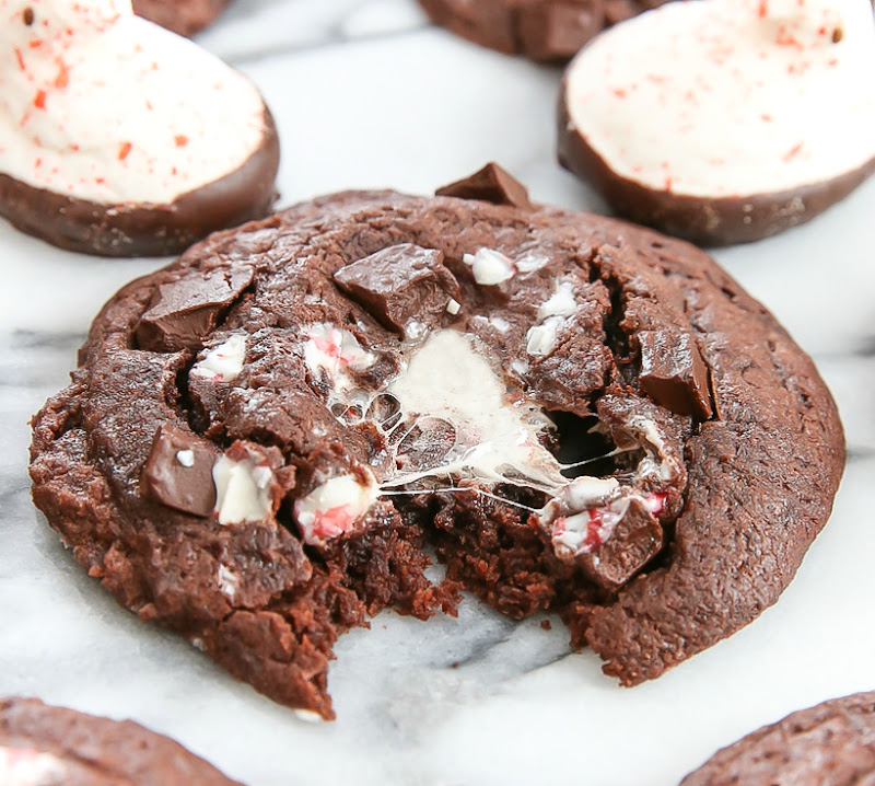 close-up photo of a PEEPS® Candy Cane Stuffed Chocolate Cookies with a bite take out of it