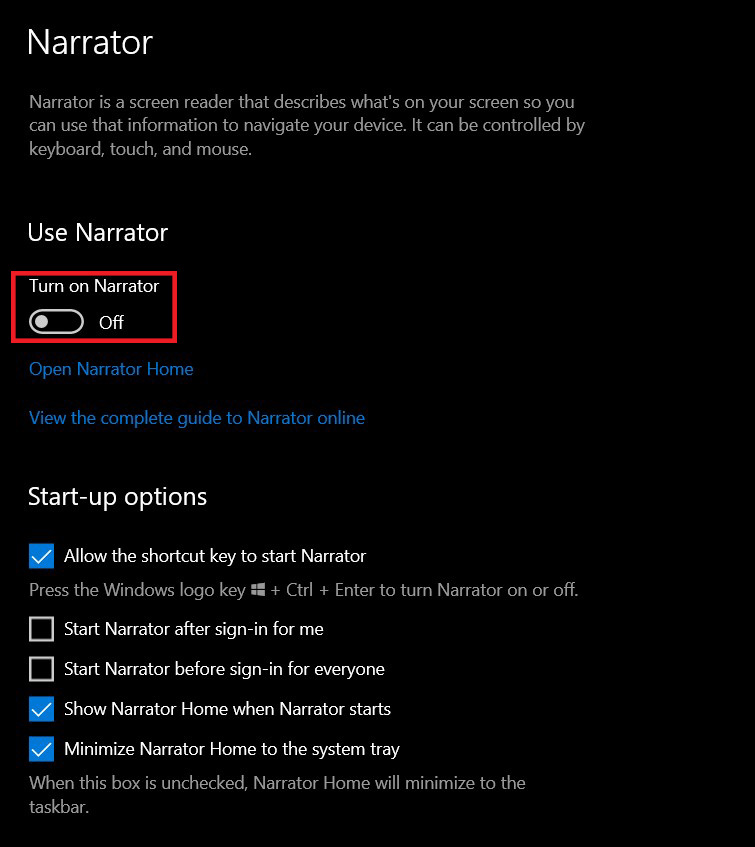 Désactivez la fonction de voix du narrateur.  Désactiver le narrateur Windows 10