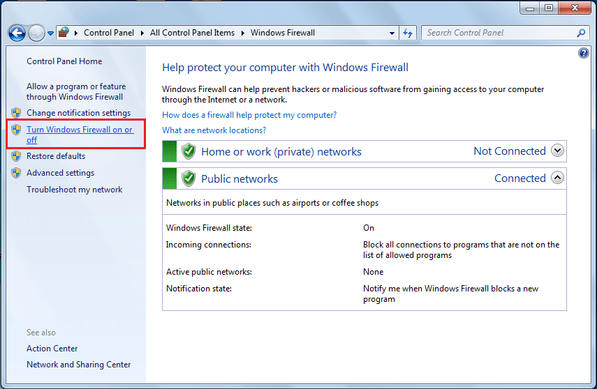 Chọn Bật hoặc tắt Tường lửa của Bộ bảo vệ Windows từ bảng điều khiển bên trái