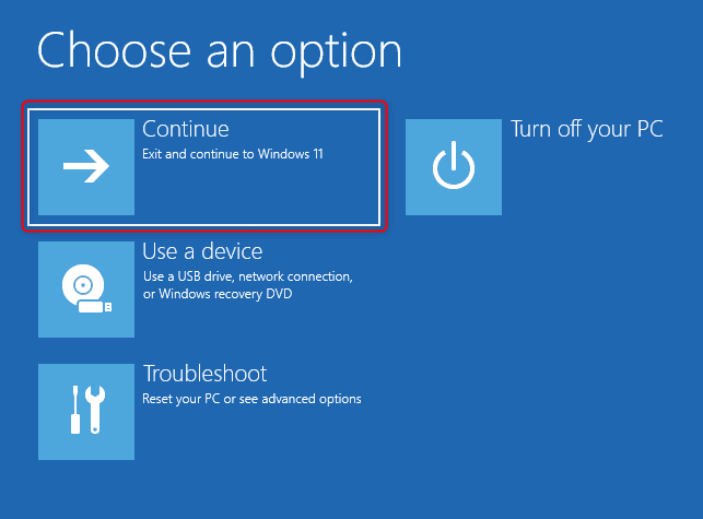 Seleccione Continuar para iniciar Windows normalmente