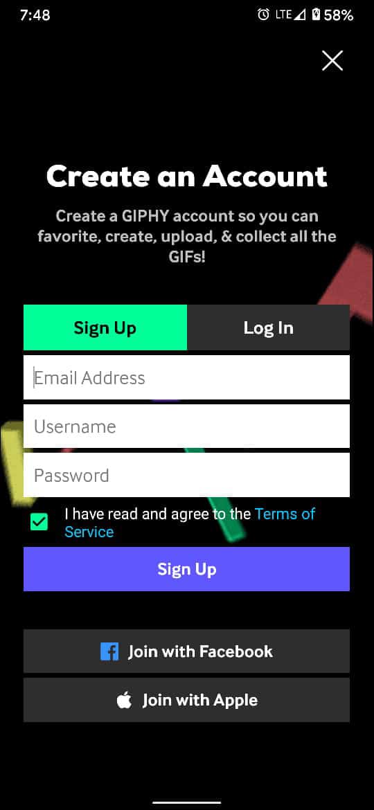 Créez un compte et inscrivez-vous pour tirer le meilleur parti de l'application |  Comment envoyer un GIF sur Android