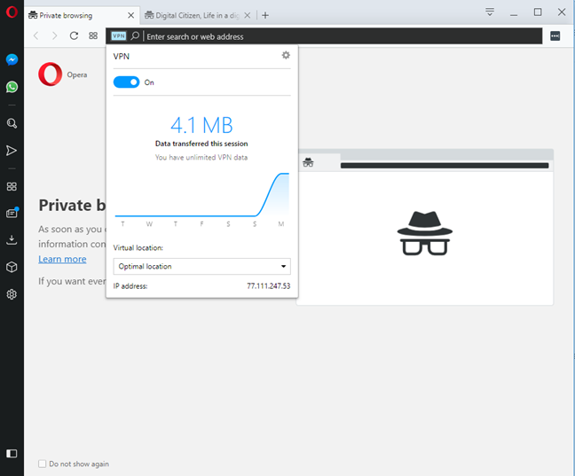 VPN ในโหมดการท่องเว็บแบบส่วนตัวของ Opera