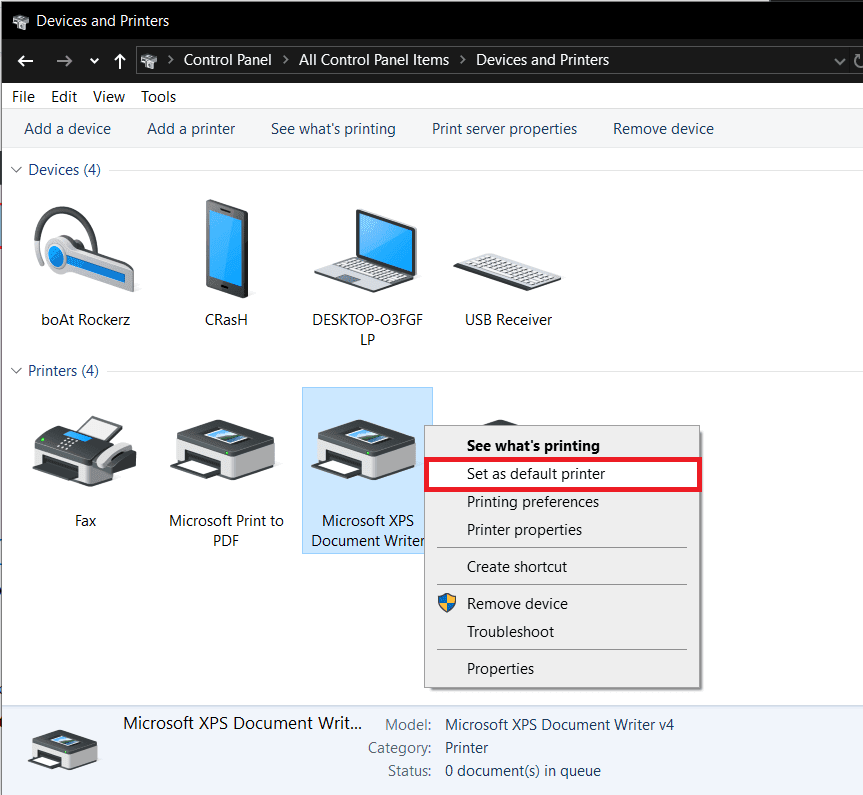 คลิกขวาที่เครื่องพิมพ์และเลือก Set as default printer